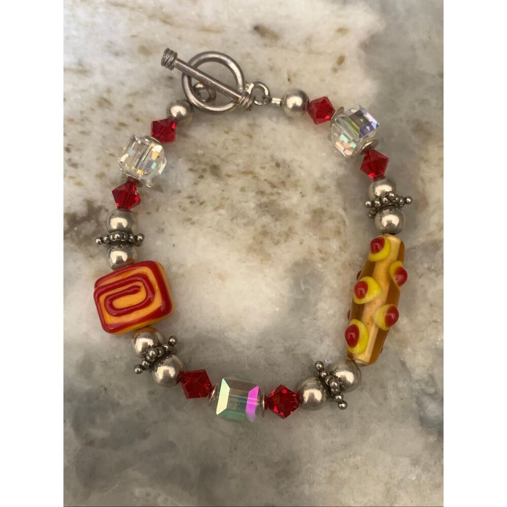 Red Yellow Murano Glass Crystals Sterling Silver Bracelet #handmade #summertime